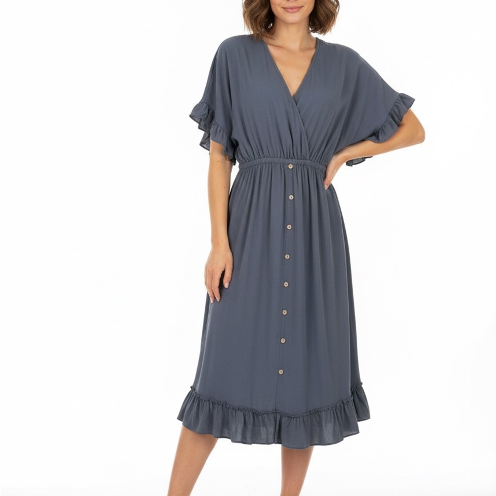 GiGiO USA Gray V-Neck Flutter Sleeve Mini Dress - Small Blue Gray Women's Dress